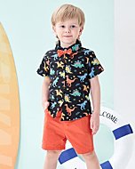 2T Boy Clothes Pocket Top Dinosaur Pattern Toddler Boy Outfits Button Down Shirt Baby Boy’s Clothing Shorts Set With Bowtie 2PCS Summer 3T Boy Outfits Orange