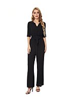 Jumpsuits for Women Casual Loose 3/4 Sleeve V-neck Rompers Long Pants Wide Legs Overall with Belt L