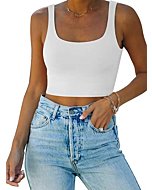 REORIA Women's Summer Sexy Basic Sleeveless Square Neck Fitted Seamless Yoga Cropped Tank Cute Crop Tops for Teen Girls White Small