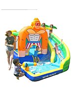 Doctor Dolphin Inflatable Water Slide Park Bounce House with Splash Pool & Long Slide Blower Kids King Kong Theme Water Slide Park Bouncy Castle for Outdoor