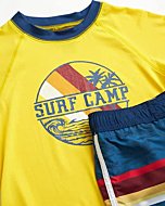 iXtreme Boys' Rash Guard Set - 2 Piece UPF 50+ Quick Dry Swim Shirt and Bathing Suit (12M-18), Size 12 Months, Navy/Yellow Surf Camp