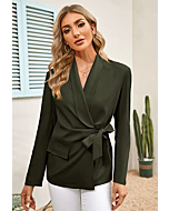 DOBULO Women's Elegant Business Blazer Long Sleeve Waist Tie Work Office Jacket Blazer with Pockets