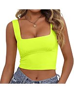 V FOR CITY Women Sleeveless Square Neck Cropped Tank Tops Double Layeres Basic Crop Top Neon Green