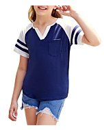 FISACE Girls V Neck Striped T Shirts Short Sleeve Summer Color Block Basic Tees Tops Blouse with Pockets Navy