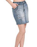 Women's Short Jean Skirts, Perfect Stretch Shape Diamond Print High Waist Mini Denim Skirt Cute Jean Skirts with Pocket Light Blue