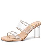 Women's Clear Rhinestone Heel Sandals - Aituis Bling Transparent Two Strap Chunky Heel Mules with Diamond, Square Open Toe Glitter Block High Heeled Slip On Dressy Summer Shoes for Ladies Girls Dating