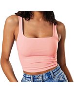 GEMBERA Women's Sexy Sleeveless Strappy Square Neck Crop Tank Top Fitted Gym Stretchy Cropped Tank（3792,ApricotPink,XS）