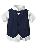 Boys Clothes Set, Short Sleeve Bowtie Dress Shirt + Suspender Shorts + Suit Vest Summer Wedding Clothing Outfits, Short Navy, 3-9 Months = Tag 60