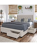 DG Casa Bardy Upholstered Panel Bed Frame with Storage Drawers and Diamond Button Tufted Nailhead Trim Wingback Headboard, King Size in Beige Fabric