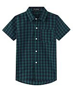 Spring&Gege Boys' Short Sleeve Poplin Button Down Shirt Plaid Uniform Dress Shirts, Large Check Gingham Navy Blue and Green, 5-6 Years