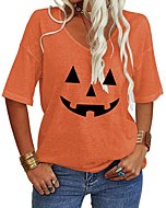 Danedvi Women Halloween T-Shirt V-Neck Half Sleeves Pumpkin Face Print Tunic Tops