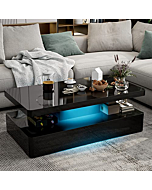 IKIFLY Modern High Glossy Black Coffee Table with 16 Colors LED Lights, Contemporary Rectangle Design Living Room Furniture, 2 Tiers