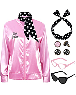 SOMSOC 1950s Pink Satin Jacket with Neck Scarf Headband Earrings Cat Eye Glasses Halloween Cosplay Costume Set for Women Girl