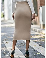 Aisbei Women's Midi Pencil Skirt High Waist Elastic Rib Knit Wrap Skirt Casual Office - Khaki