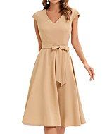 Bridesmay Women Vintage 1950s Dress V-Neck Fit Flare Semi Formal Dresses with Cap Sleeves Champagne L