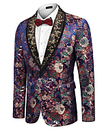 COOFANDY Men's Floral Dress Suit Luxury Embroidered Wedding Blazer Dinner Tuxedo Jacket for Party Blue