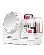 Miss Puff Makeup Organizer with LED Mirror and Fan, Large Capacity Cosmetic Storage Display Case, Waterproof and Dustproof Skincare Organizer for Bathroom and Vanity Dresser