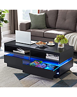 LED Coffee Table with Storage, Modern Center Table with Open Display Shelf & Double Sliding Drawers, Accent Furniture with LED Lights for Living Room, Easy Assembly, Solid Black