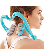 Woman using 6-ball neck massager for pain relief