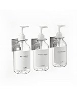 MaisoNovo Shampoo Dispenser for Shower Wall 3 Chamber - Drill Free Shower Soap Dispenser Wall Mount with Waterproof Labels | 3 Black Plastic Bottles with Black Metal Pumps