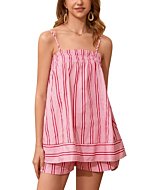 calbatic Women 2 Piece Lounge Set Striped Summer Pajama Set Sleeveless Peplum Cami Top and Wide Leg Shorts Set Beachwear Pink