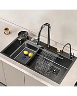 Musurjoy Kitchen Black Sink with waterfall faucet, knife rack, cup wash, and drainer basket.