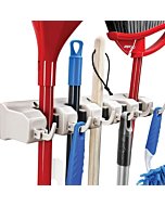 HOME IT Mop And Broom Holder - Garage Storage Systems with 5 Slots, 6 Hooks, 7.5lbs Capacity Per Slot - Garden Tool Organizer For 11 Tools - For Home, Kitchen, Closet, Garage, Laundry Room - Off-White