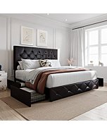 SHA CERLIN Upholstered Queen Platform Storage Bed Frame with 4 Drawers, Adjustable Headboard with Faux Leather Diamond Button Tufted, Wooden Slat Support, No Box Spring Needed, Black Brown