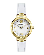 Versace Greca Collection Luxury Womens Watch Timepiece with a White Strap Featuring a Gold Case and White Dial