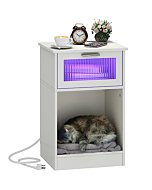 Nightstand with Charging Station and LED Light, Modern Bedside Table, Side End Table with Storage Compartment and Glass Door for Bedroom, Living Room -White