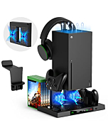 Upgraded Vertical Cooling Stand for Xbox Series X with Controller Charger Station Dock, Dual Suction Cooler Fan System Stand Accessories with 8 Game Storage Organizer, Headset Hanger for Xbox Series X