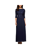 Alex Evenings Women's 3/4 Sleeve Stretch Lace Bodice Mock One Piece Gown, Navy, 10P