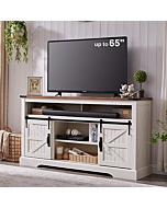 OKD Farmhouse TV Stand for 65+ Inch TV, 33" Tall Highboy Entertainment Center w/Sliding Barn Door, Rustic Media Console w/Storage Shelves, Wood Television Stand for Living Room, Antique White