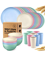 Teivio 32-Piece Kitchen Plastic Wheat Straw Dinnerware Set, Service for 8, Dinner Plates, Dessert Plate, Cereal Bowls, Cups, Unbreakable Plastic Outdoor Camping Dishes, Multicolor