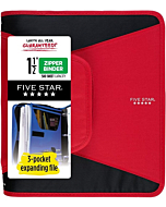 Five Star Zipper Binder, 1-1/2 Inch 3-Ring Binder with 3-Pocket Expanding File, 500 Sheet Capacity, Red (72206)