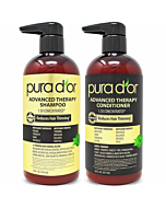 PURA D'OR Shampoo and Conditioner bottles side-by-side on a shelf, with healthy, thick hair in the background.