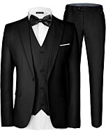 MAGE MALE Men's 3 Pieces Suit Elegant Solid One Button Slim Fit Single Breasted Party Blazer Vest Pants Set. Black