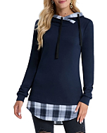 DJT Women's Funnel Neck Check Contrast Pullover Hoodie Top Medium Navy-White