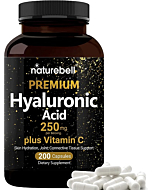 NatureBell Plant Based Hyaluronic Acid Supplements, 250mg Hyaluronic Acid with 25mg Vitamin C Per Serving, 200 Capsules, 2 in 1 Formula, Supports Skin Hydration, Joints Lubrication and Antioxidant