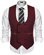 COOFANDY Men's Slim Fit Dress Suits Double Breasted Solid Vest Waistcoat,Red,Small