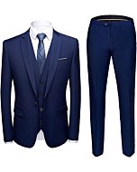 MYS Men's Blazer Vest Pants Set, Solid Party Wedding Dress, One Button Jacket Waistcoat and Trousers, 3 Piece Slim Fit Suit with Tie Deep Blue