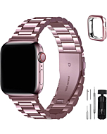 Fullmosa Compatible Apple Watch Band 42mm 44mm 45mm 38mm 40mm 41mm, Stainless Steel iWatch Band with Case for Apple Watch Series 7/6/5/4/3/2/1/SE, 42mm 44mm 45mm Rose Pink