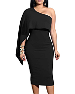 GOBLES Women's Summer Sexy One Shoulder Ruffle Bodycon Midi Cocktail Dress Black