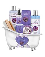 Relaxing Lavender Spa Bath Gift Baskets for Women-Girls, Christmas, Birthday, Bath and Body Set-Kit Includes Candle, Essential Oil, Body Scrub, Bath Salt, Body Lotion, Shower Gel and Body Scrub Brush