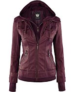 LL WJC664 Womens Faux Leather Jacket with Hoodie XL WINE