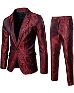 Mens 2 Piece Paisley Dress Suit One Button Party Wedding Blazer Pants Sets Burgundy