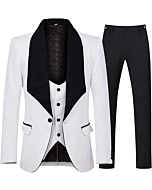 YFFUSHI Men's 3 Piece Suit Slim Fit Jacquard Tuxedo One Button Shawl Collar Jacket Vest & Trousers White