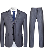 Mens 3 Piece Suit Formal Pinstripe Slim Fit Notched Lapel Dress Blazer Vest Trousers Set Grey