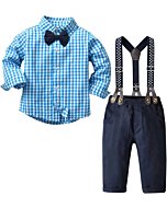 Baby Boy's 2 Pieces Tuxedo Outfit, Long Sleeves Plaids Button Down Dress Shirt with Bow Tie + Suspender Pants Set for Infant Newborn Toddlers, Blue, Tag 60 = 3 - 9 Months