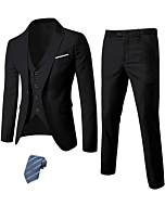 MYS Men's 3 Piece Slim Fit Suit Set, One Button Solid Jacket Vest Pants with Tie Black